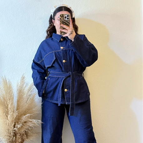 Denim kemer detaylı ceket pantolon takımı