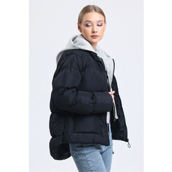 Kadın Siyah Sweatshirt Detaylı Çift Cepli Fermuarlı Asimetrik Şişme Mont