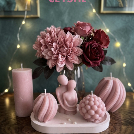 Dekoratif Kokulu 5’li Pembe Mum Seti ve Beton Tabak