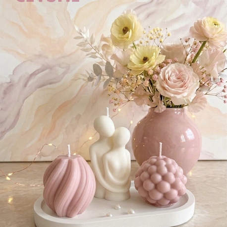 Dekoratif 3’lü Pembe Kokulu Mum ve Beton Tabak