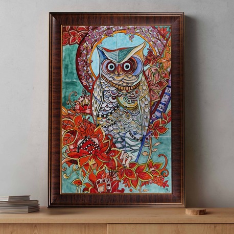 El Yapımı İznik Çini Pano – Renkli Baykuş Deseni 