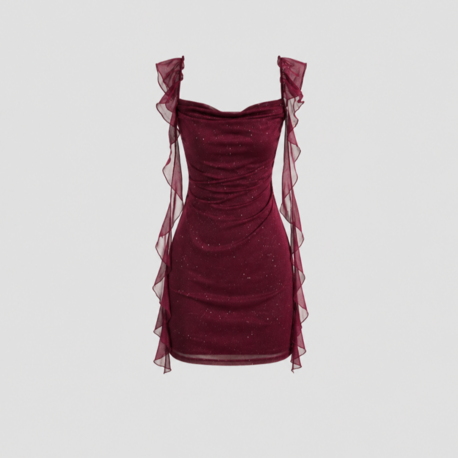 Bordo Fırfırlı Mini Elbise