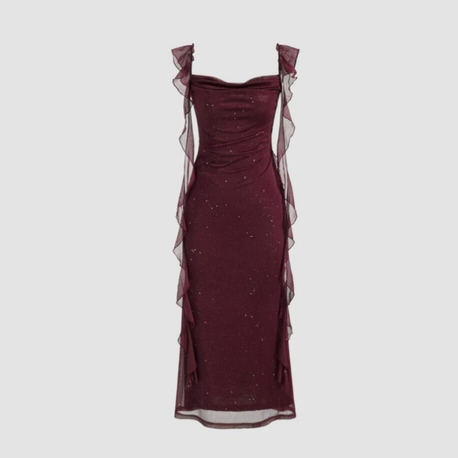 Bordo Fırfırlı Uzun Elbise