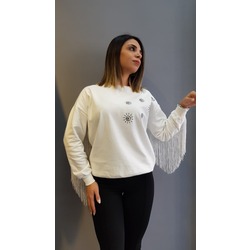 Beyaz Püsküllü Sweatshirt