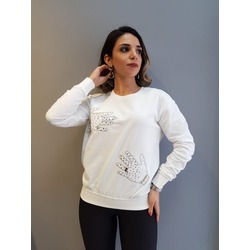 Beyaz el işlemeli sweatshirt