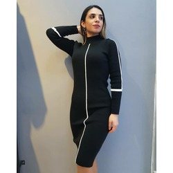 Boydan çizgili siyah triko elbise 