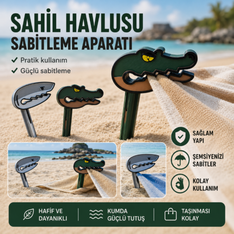 Sahil Havlusu Sabitleme Aparatı – Köpek Balığı & Timsah Tasarımlı 3D Baskı Plaj Klipsi