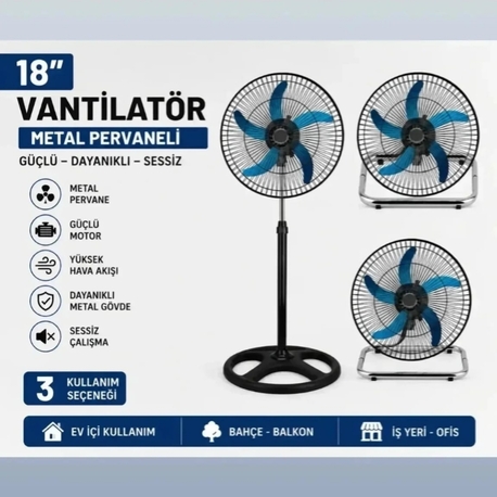 18" Metal Pervaneli Vantilatör - 3 Farklı Kullanım Seçeneği