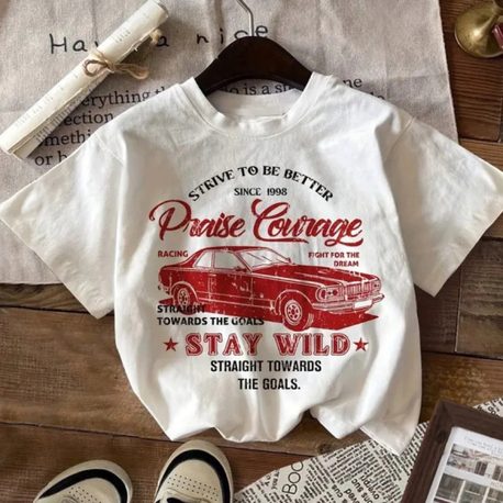 Retro araba baskılı oversize unisex tişört