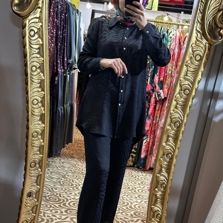 Floş Saten Gömlek Elbise Takım Doğal Kumaş - Siyah