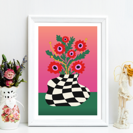 Checkered Flower Vase Poster