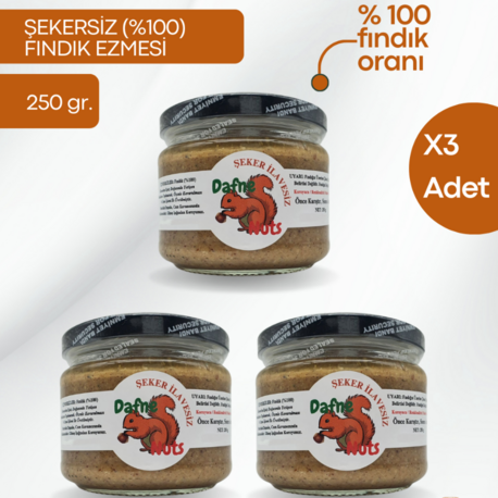 Şekersiz (%100) Fındık Ezmesi 250 Gr. (3 Adet) - Taneli Yoğun Kıvam
