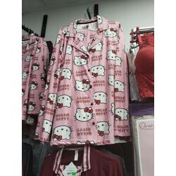 Hello kıtty Süet gömlek yaka düğmeli uzun kollu pijama takımı 
