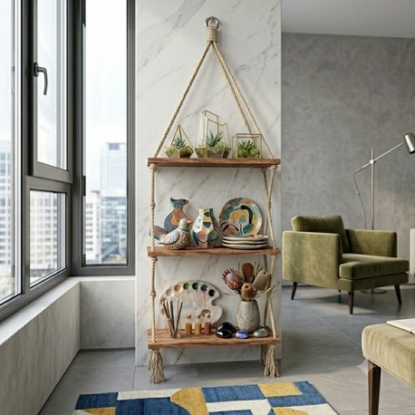 DegaTasarım Boho 3 Katlı Halatlı Duvar Rafı