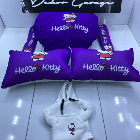Hello Kitty Mor Süper Set Penye Kılıf + Kemer Ped + Boyun Yastığı + Vites Poları