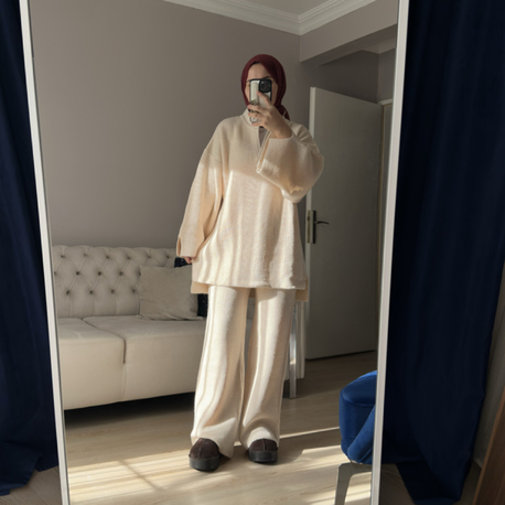 Polo yaka örgü triko takım (bej)