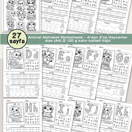 Animal Alphabet Worksheets – A’dan Z’ye Hayvanlar (OK06)