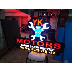 YK MOTORS Yazılı Tabelası 3D LED Tabela Logo Hazır Tabela Neon Etkili Işıklı Kutu Harf Tabela