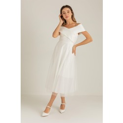 Beyaz Mezuniyet Elbisesi, Tül Abiye, Madonna Yaka A-line Midi Elbise, Parti, Nikah, Düğün S-XL