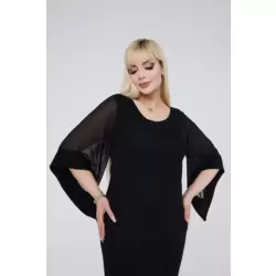 Büyük Beden Kısa Abiye, Siyah, Lacivert Simli, Şifon V Yaka, Midi Düğün Anne Abiye 44-60