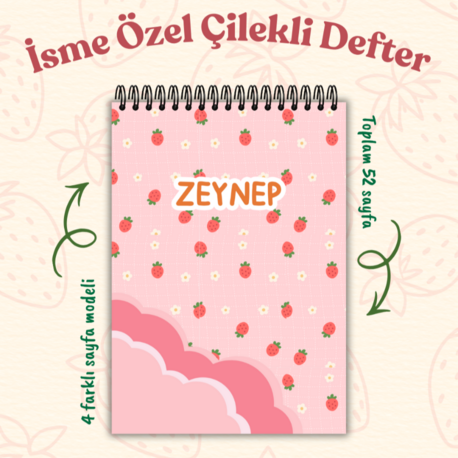 Kişiye Özel Çilek Temalı Telli Defter A5