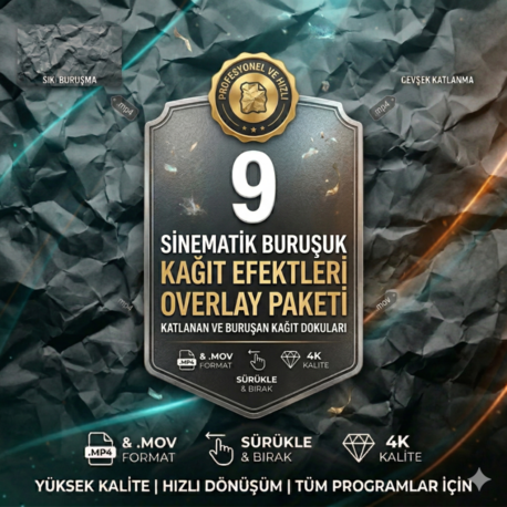 Crumpled Paper 9'lu Overlay Paketi | Sinematik Buruşuk Kağıt Efektleri (4K)