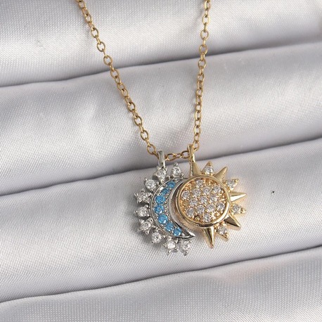 316L Çelik Gold Renk Zincir Zirkon Taşlı Ay Güneş Model Kadın Charm Kolye