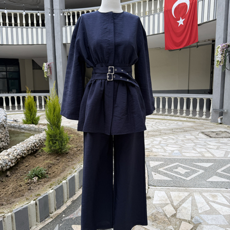 Jovanni çift toka kemerli siyah gabardin takım 