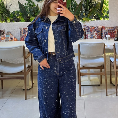 Taş Baskılı Denim İkili Takım
