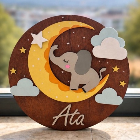 Özel İsimli Ahşap Bebek Kapı Süsü - 30 cm Ay ve Fil Temalı El Boyaması
