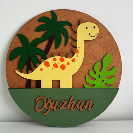Özel İsimli Ahşap Bebek Kapı Süsü - 30 cm Dinozor ve Orman Temalı El Boyaması