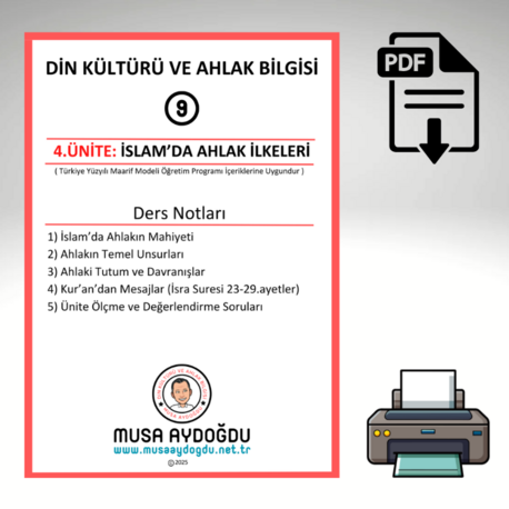 9.Sınıf-4.Ünite:İslam'da Ahlak İlkeleri-Ders Notu-Etkinliker-CA