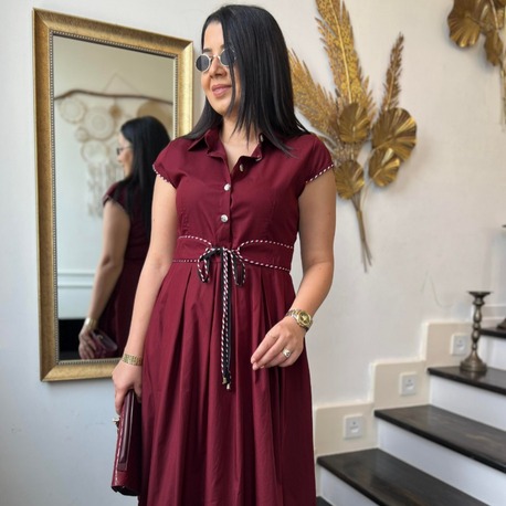 Bordo Premium Biyeli Poplin Elbise - EL00176
