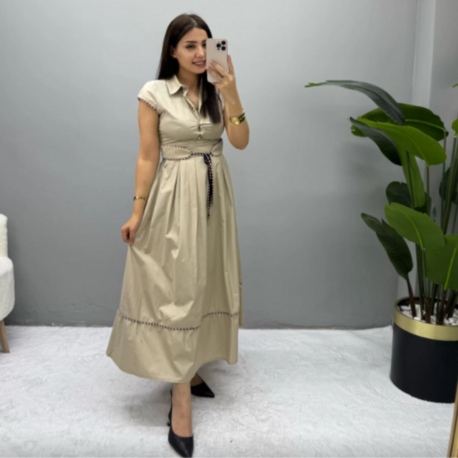 Bej Premium Biyeli Poplin Elbise - EL00176
