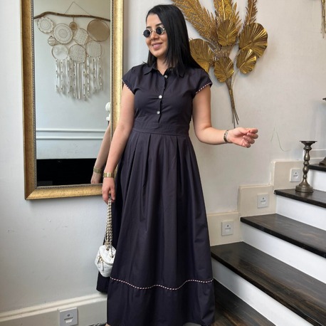 Siyah Premium Biyeli Poplin Elbise - EL00176