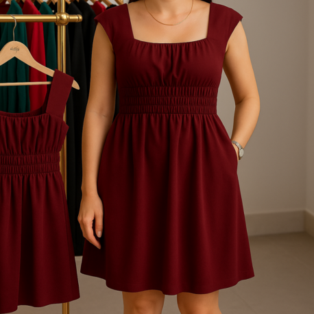 bordo Lastikli Kısa Elbise - 00174