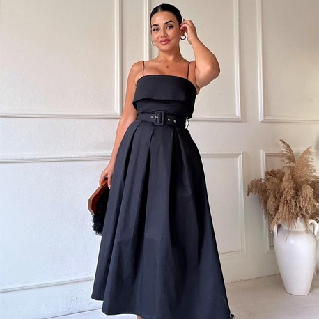 ✨Siyah Elegant İnce Askılı Kemerli Maxi Elbise - EL00188
