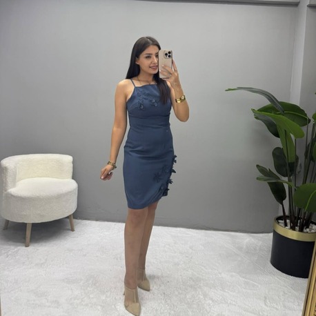 lacivert Çiçek Detaylı Askılı Midi Elbise - 00175
