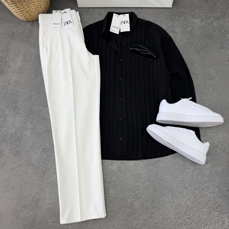 Zara Baggy Pantolon | Oversize Gömlek Kombin (Siyah/Fildişi)