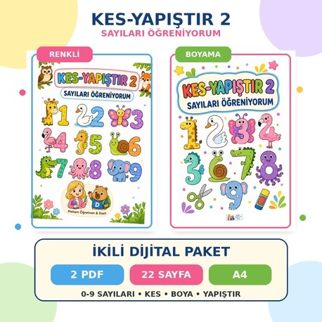 Kes-Yapıştır 2 | Sayıları Öğreniyorum | Renkli + Boyama PDF Paketi
