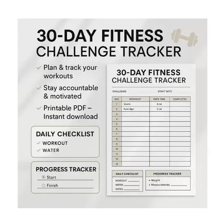 30-Day Fitness Challenge Tracker PDF – Workout Planner for Health Goals, Printable Exercise Log