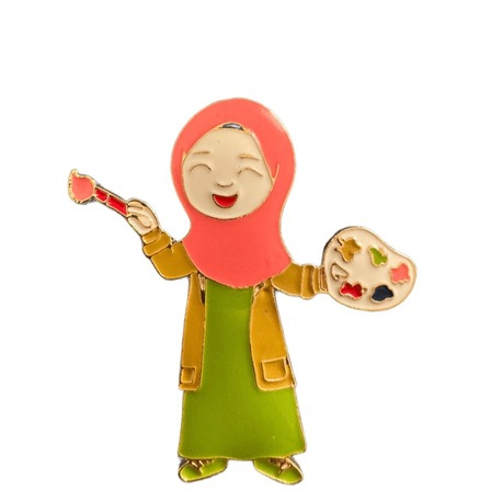 Sevimli Başörtülü Ressam Kız İğneli Broş Metal Pin Rozet Çanta Ceket Aksesuar Hediye