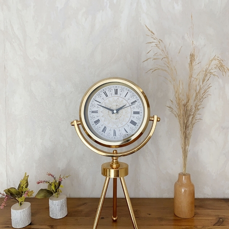 Gold Metal Mini Tripod Çini Desenli Roma Rakamı Masa Saati 45×26 cm