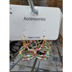 Gold Pembe ve Su Yeşili Detaylı Kalp Küpe 