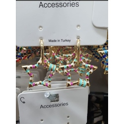 Gold Pembe ve Su Yeşili Detaylı Yıldız Küpe