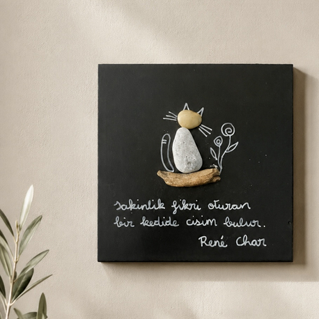 Kedi edebiyatlı "pebble art" tablo 