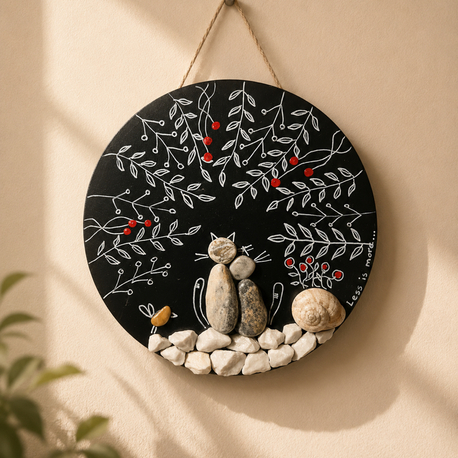 Kedi edebiyatlı "pebble art" tablo 