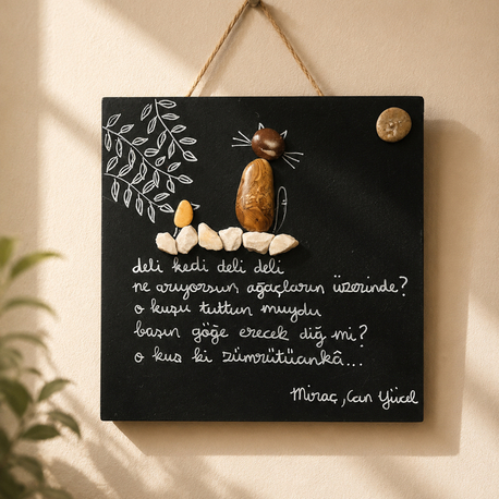 Kedi edebiyatlı "pebble art" tablo 