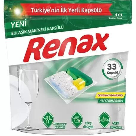 RENAX Bulaşık Makinesi Kapsülü Hepsi Bir Arada 33'lü Güçlü Temizlik ve Ekstra Parlaklık