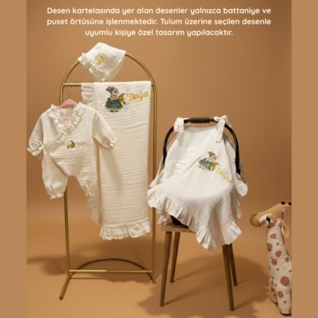 Yenidoğan Bebek Müslin Fırfırlı Kruvaze 4'lü Set (Puset Örtülü)